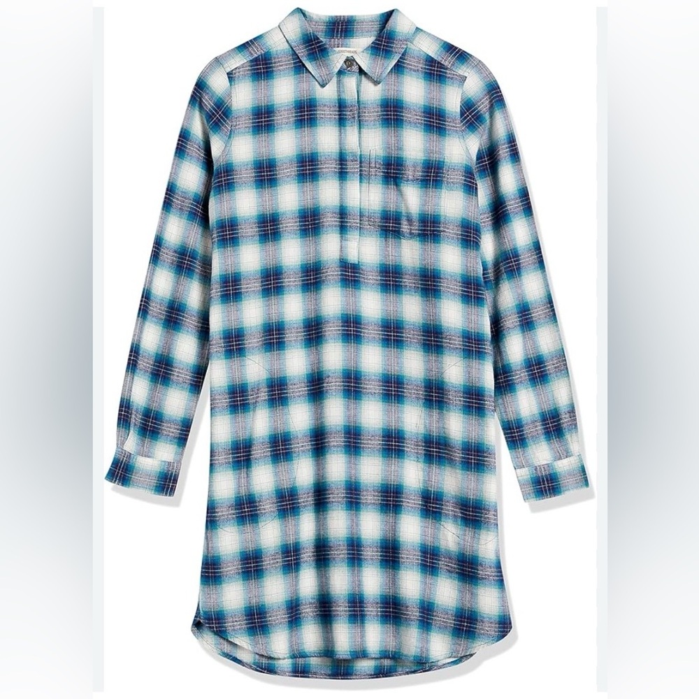Goodthreads LS Flannel Tunic Dress M Plaid Blue/White Pockets Lightweight Casual